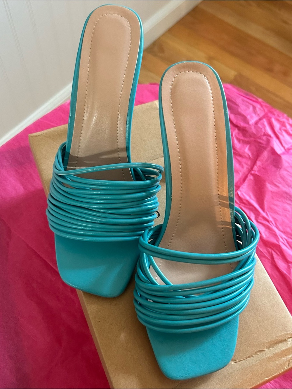Turquoise Strappy Slide Heels - Women